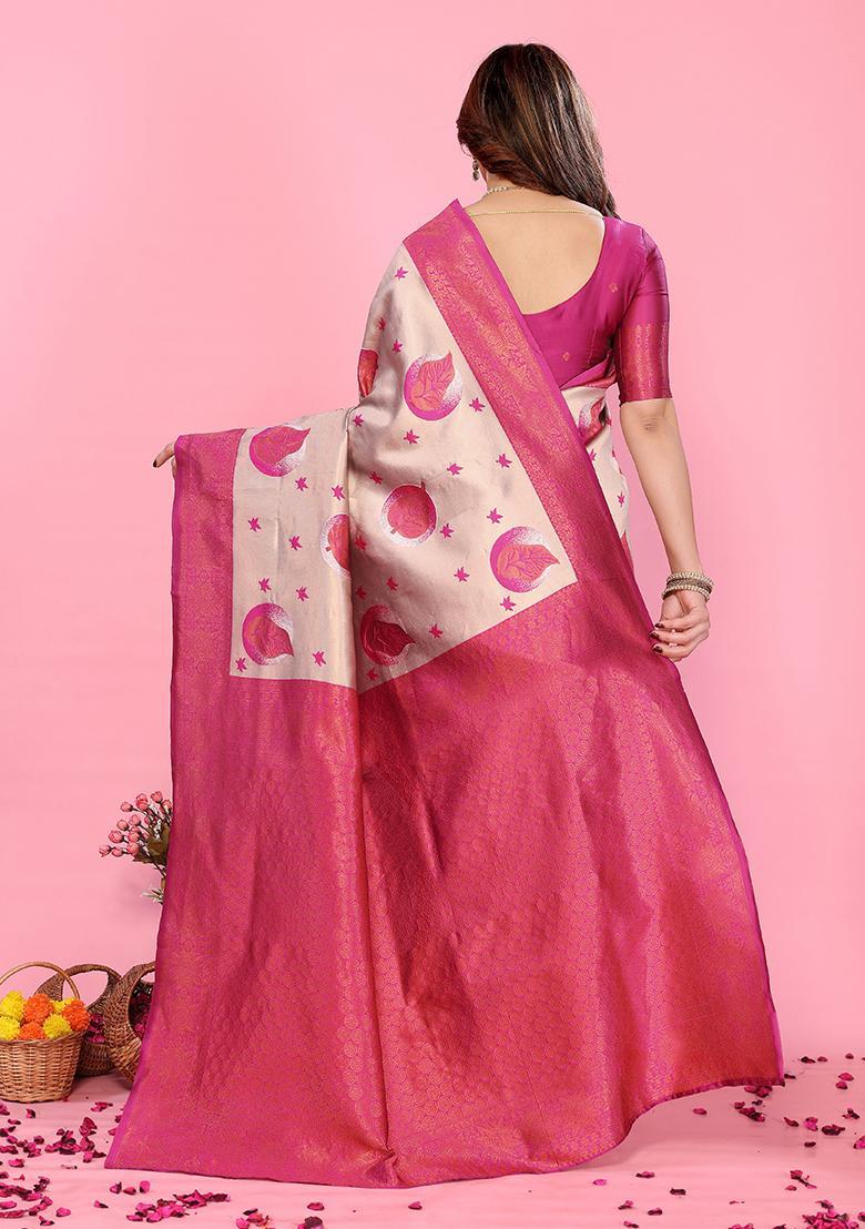 Cream And Pink Woven Silk Sarees - Indya