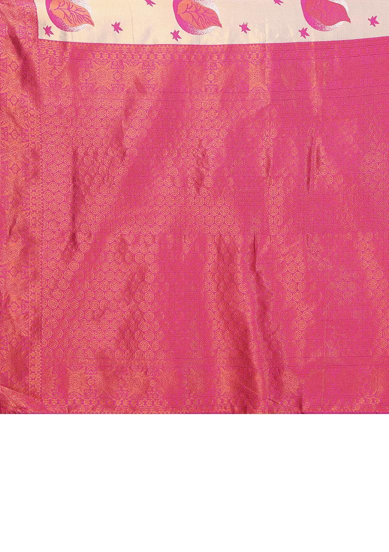 Cream And Pink Woven Silk Sarees - Indya