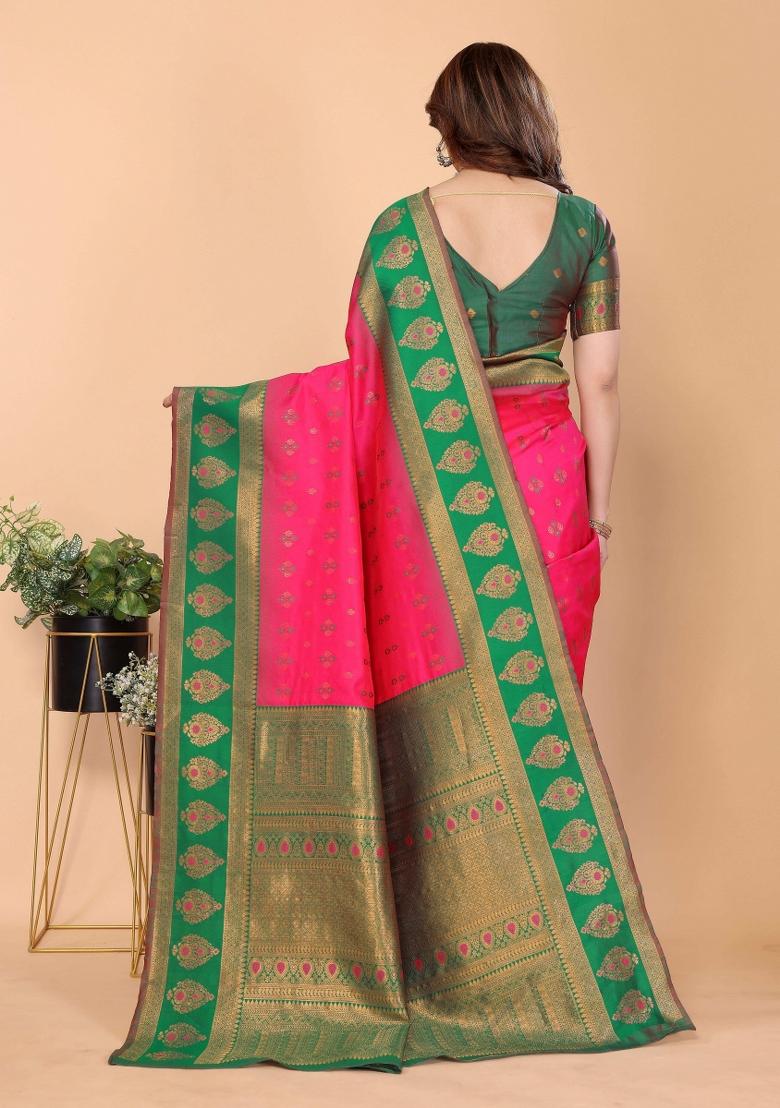 Pink And Green Woven Silk Sarees - Indya