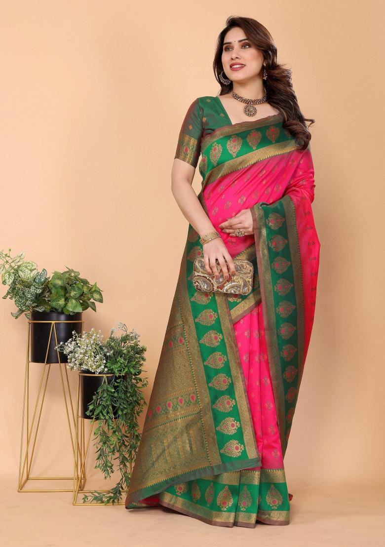 Pink And Green Woven Silk Sarees - Indya