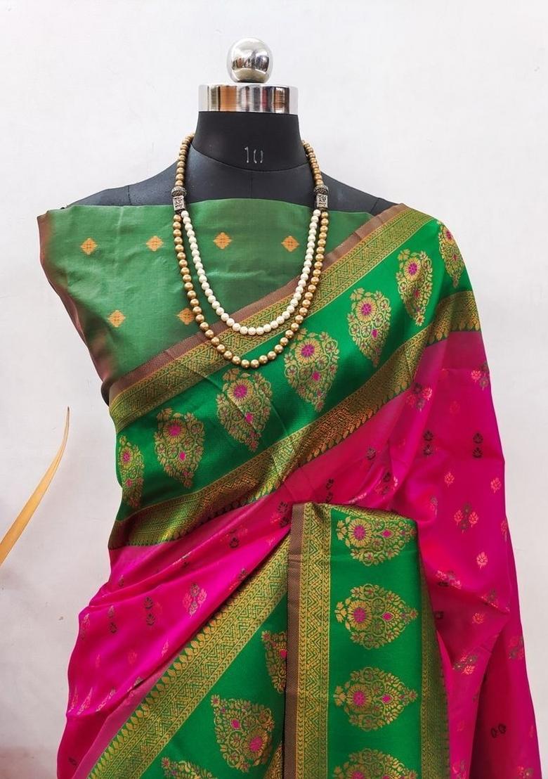 Pink And Green Woven Silk Sarees - Indya