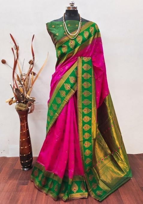 Pink And Green Woven Silk Sarees