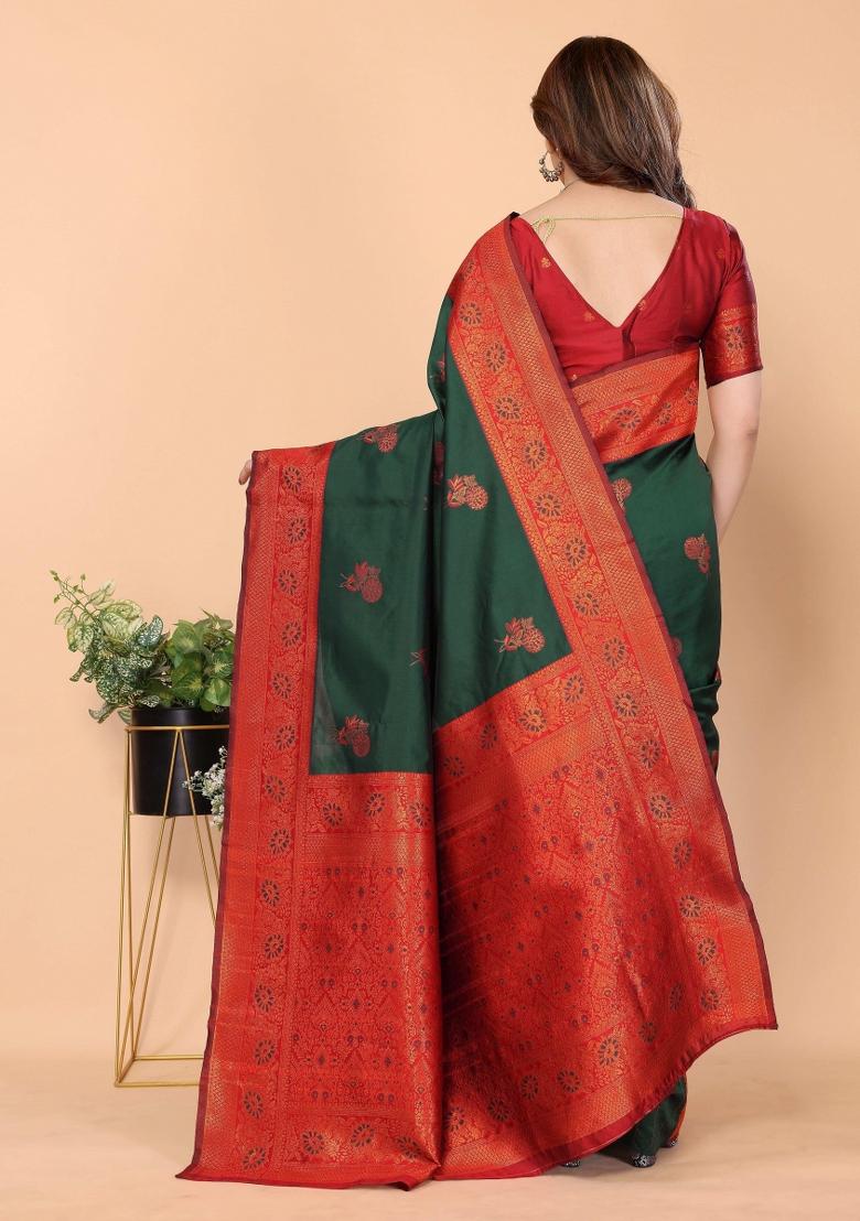 Green And Red Woven Silk Sarees - Indya