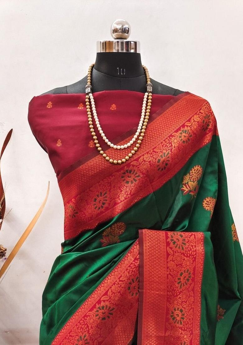 Green And Red Woven Silk Sarees - Indya