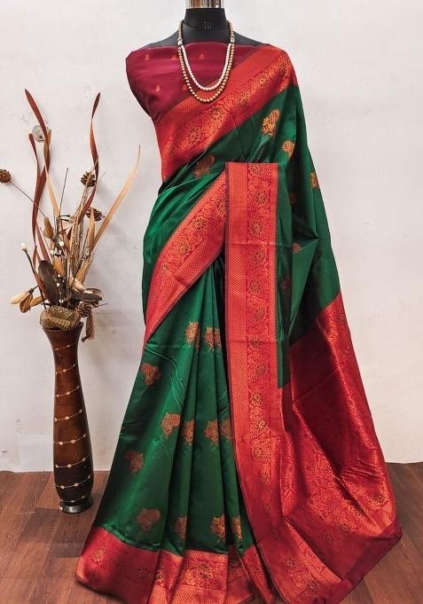 Green And Red Woven Silk Sarees