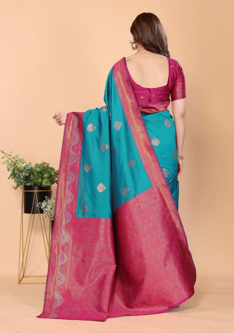 Light Blue And Pink Woven Silk Sarees - Indya