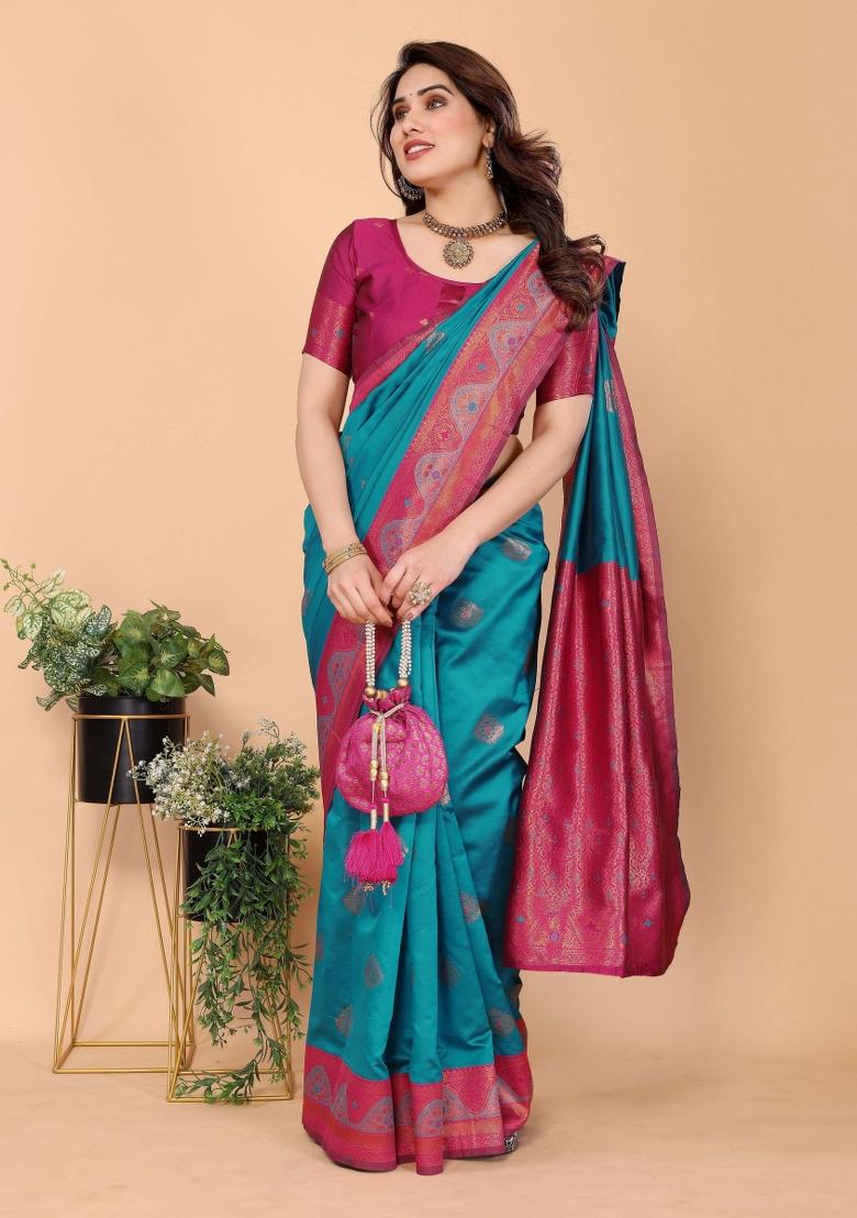 Light Blue And Pink Woven Silk Sarees - Indya