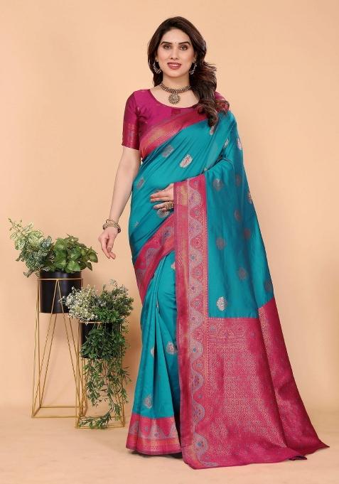Light Blue And Pink Woven Silk Sarees