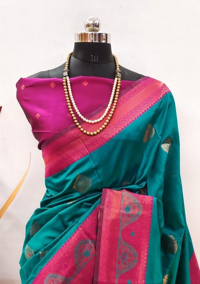 Light Green And Pink Woven Silk Sarees - Indya