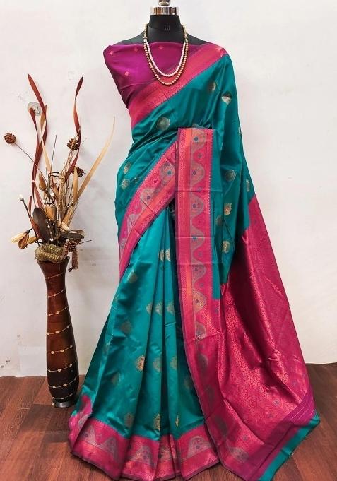 Light Green And Pink Woven Silk Sarees