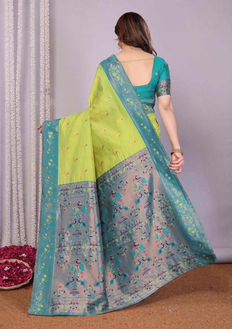 Light Green And Light Blue Woven Silk Sarees - Indya