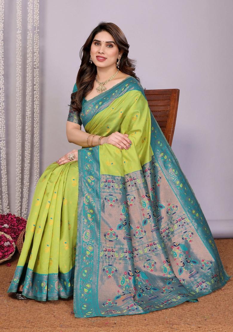 Light Green And Light Blue Woven Silk Sarees - Indya
