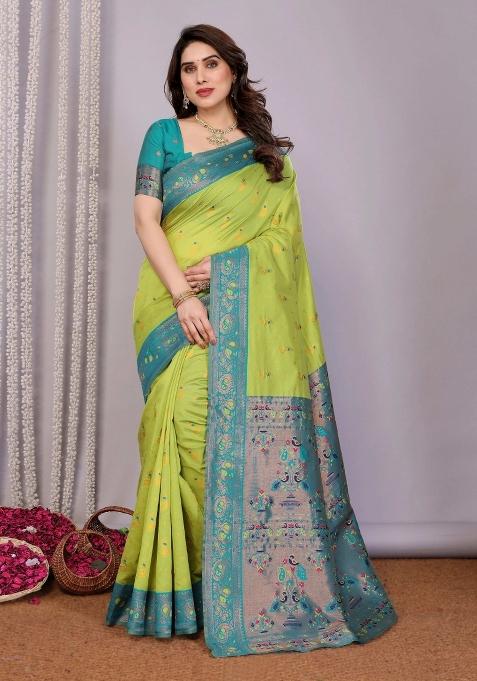 Light Green And Light Blue Woven Silk Sarees