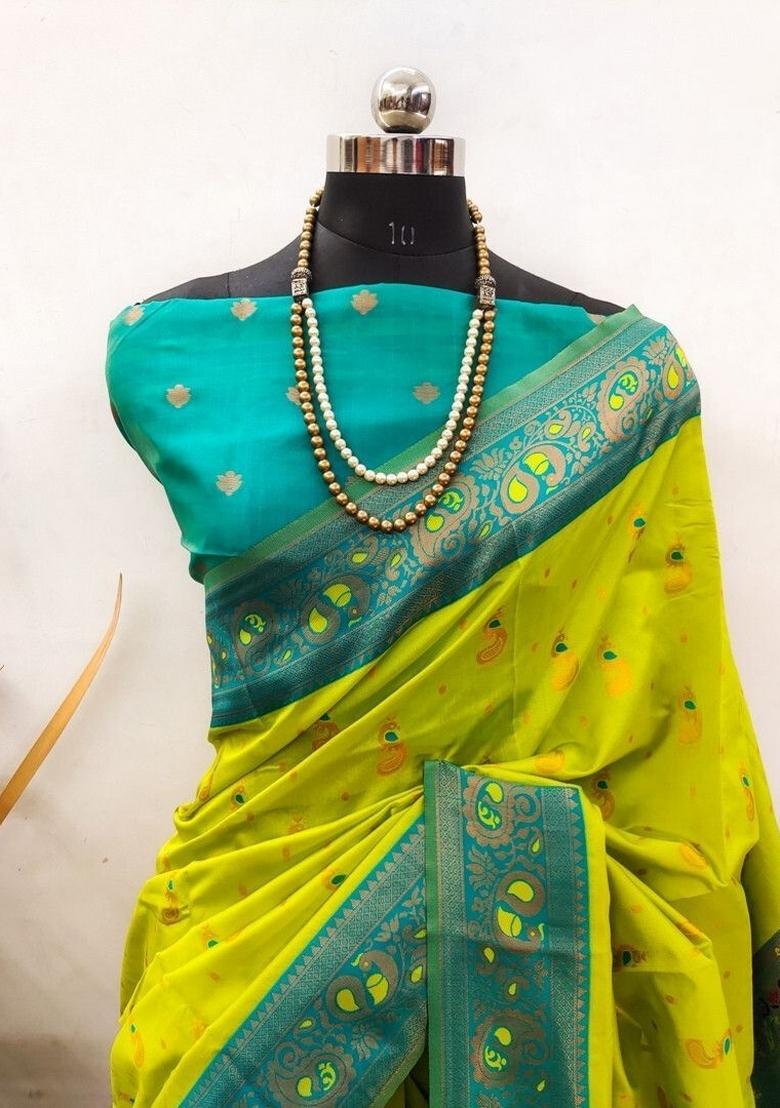 Light Green Woven Silk Sarees - Indya