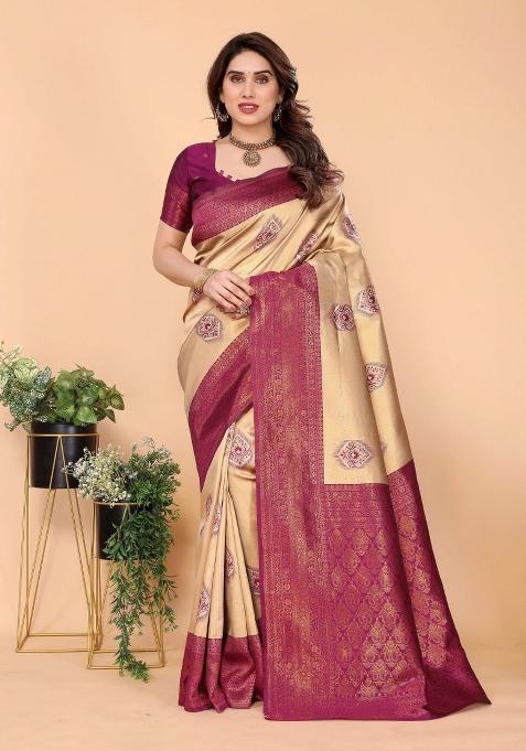 Cream And Purple Woven Silk Sarees