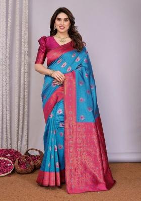 Light Blue And Pink Woven Silk Sarees