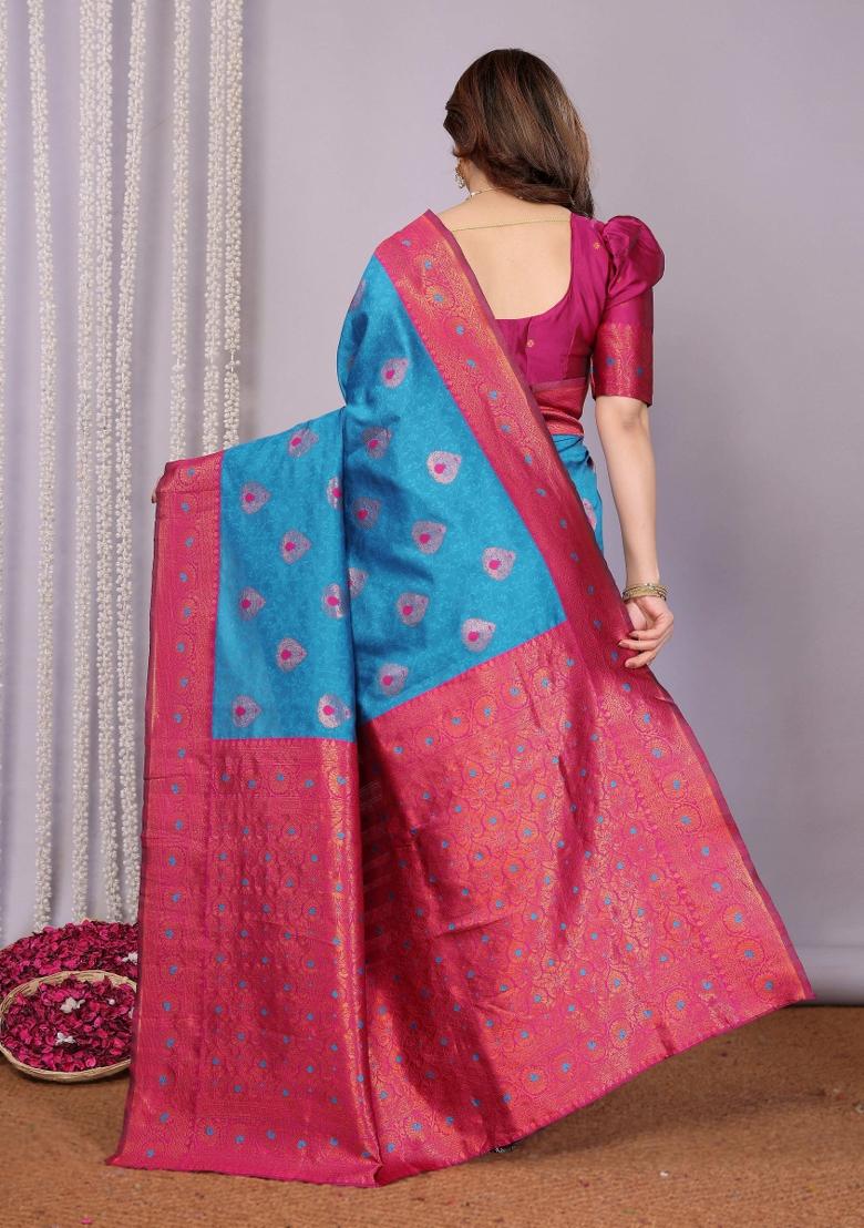 Light Blue And Pink Woven Silk Sarees - Indya