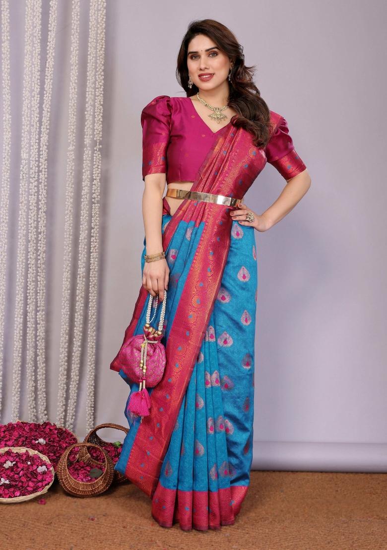 Light Blue And Pink Woven Silk Sarees - Indya