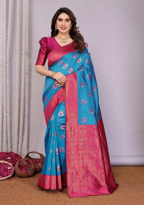 Light Blue And Pink Woven Silk Sarees