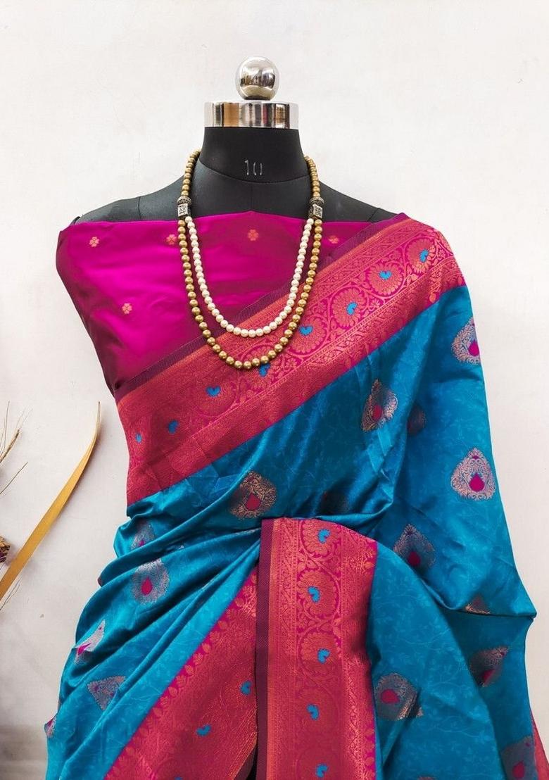 Light Blue And Pink Woven Silk Sarees - Indya