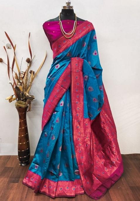 Light Blue And Pink Woven Silk Sarees