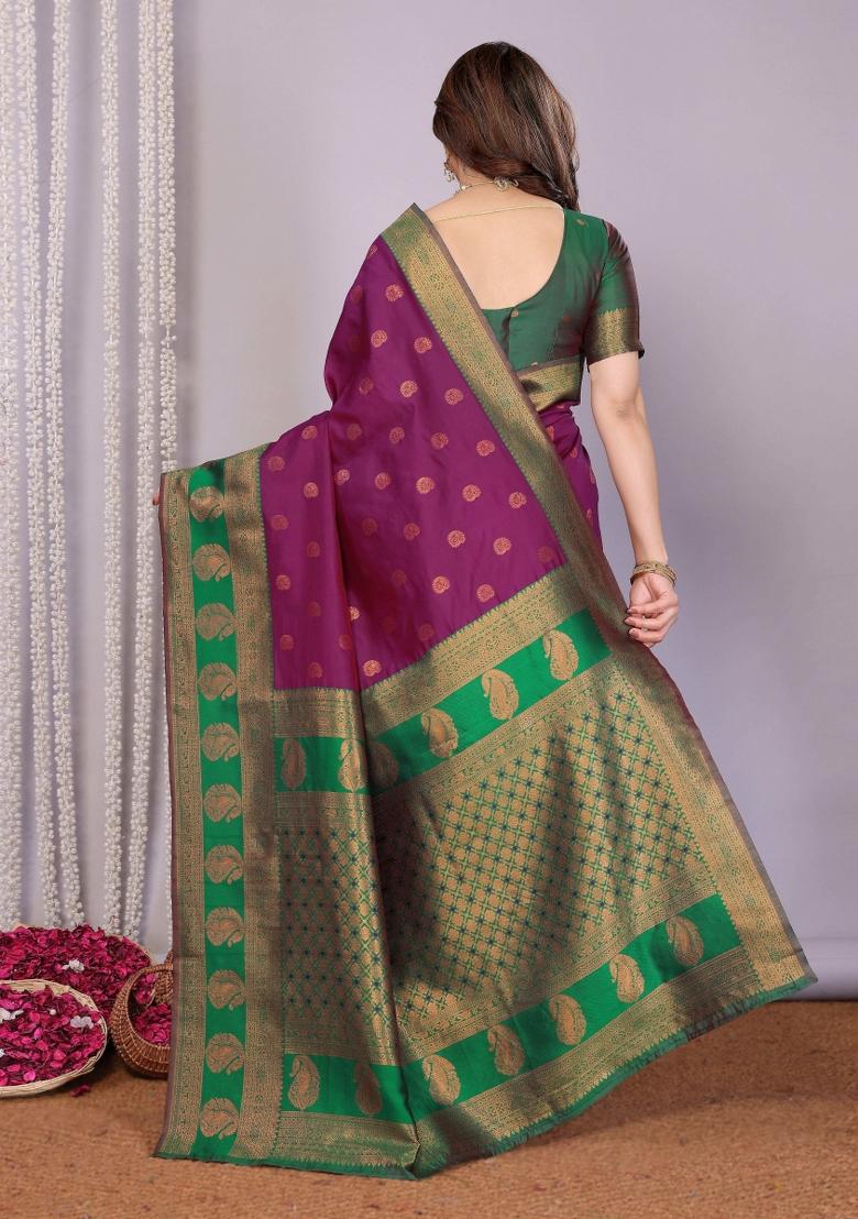 Purple And Green Woven Silk Sarees - Indya
