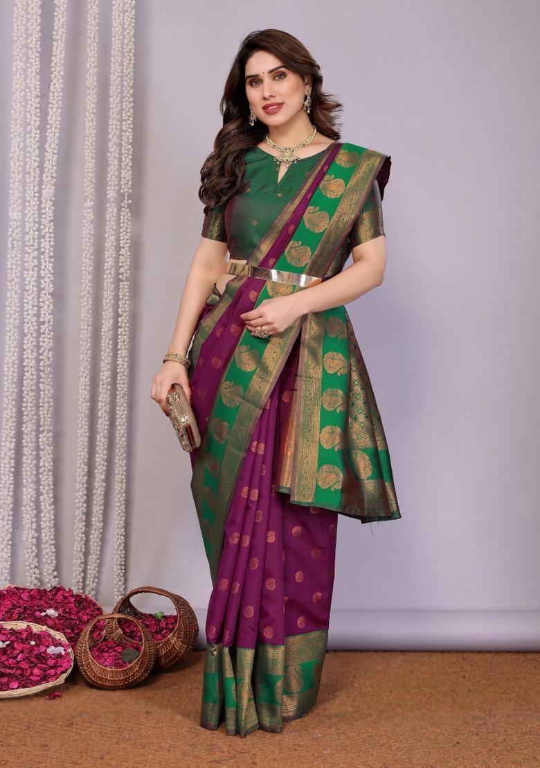 Purple And Green Woven Silk Sarees - Indya