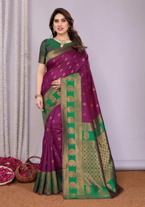 Purple And Green Woven Silk Sarees