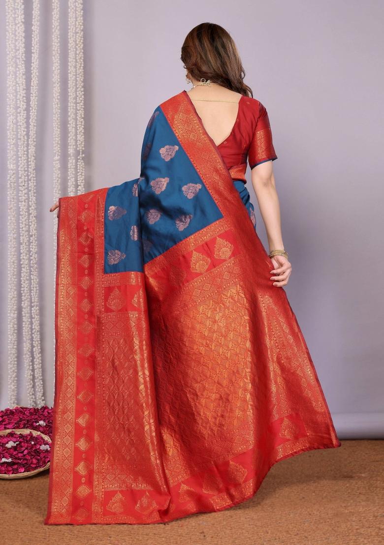 Blue And Red Woven Silk Sarees - Indya