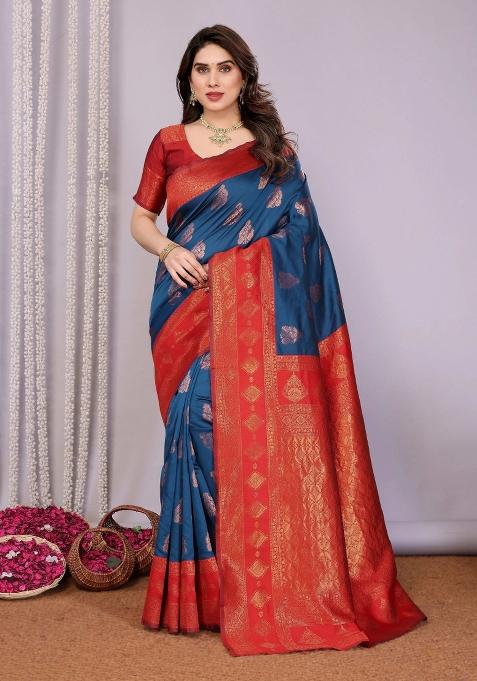 Blue And Red Woven Silk Sarees