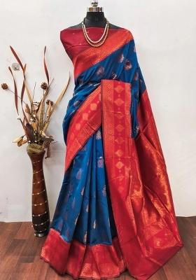 Blue And Red Woven Silk Sarees