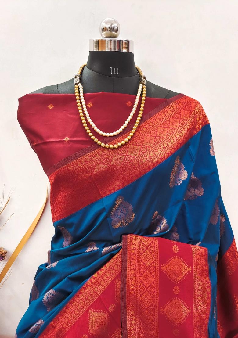 Blue And Red Woven Silk Sarees - Indya