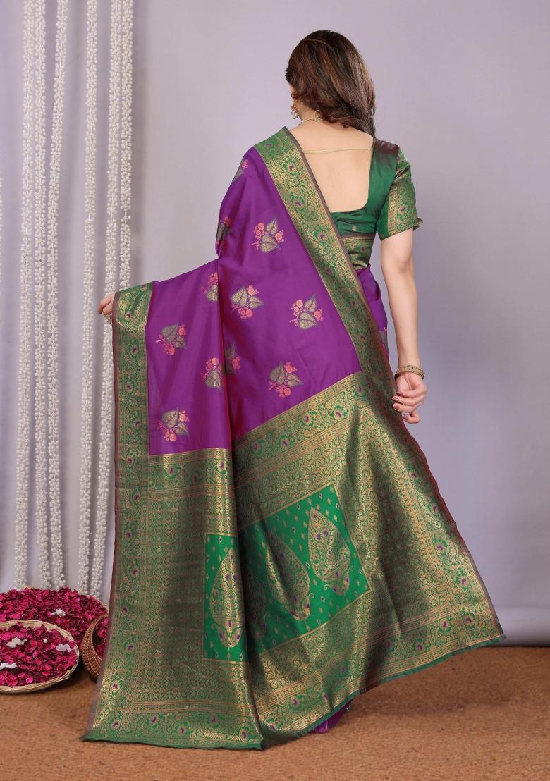 Purple And Green Woven Silk Sarees - Indya