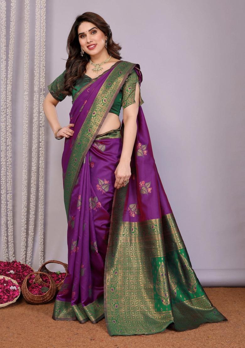 Purple And Green Woven Silk Sarees - Indya