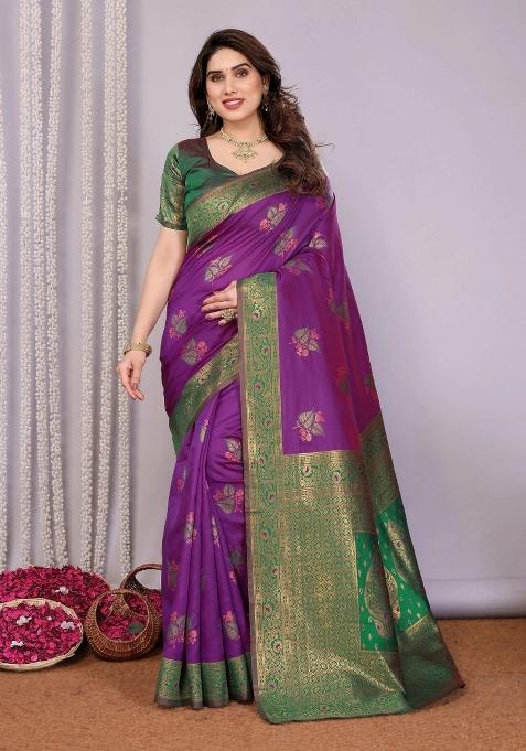 Purple And Green Woven Silk Sarees