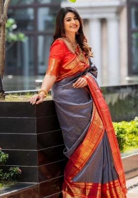 Blue And Red Woven Silk Sarees