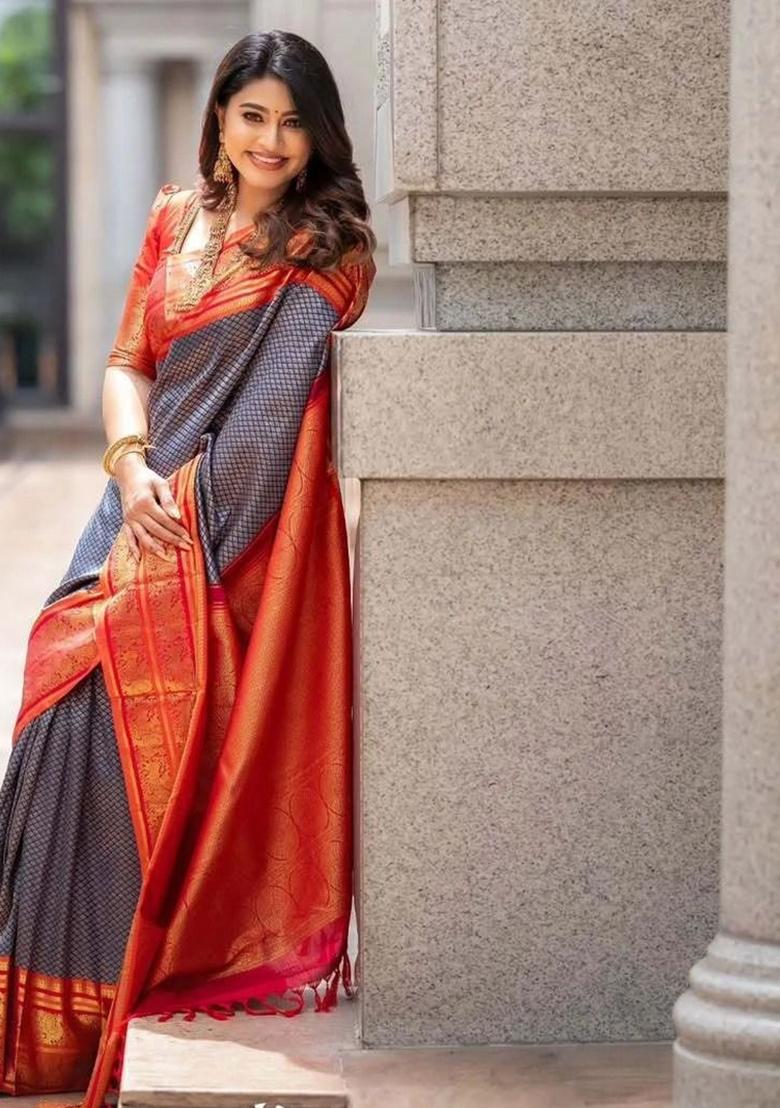 Blue And Red Woven Silk Sarees - Indya