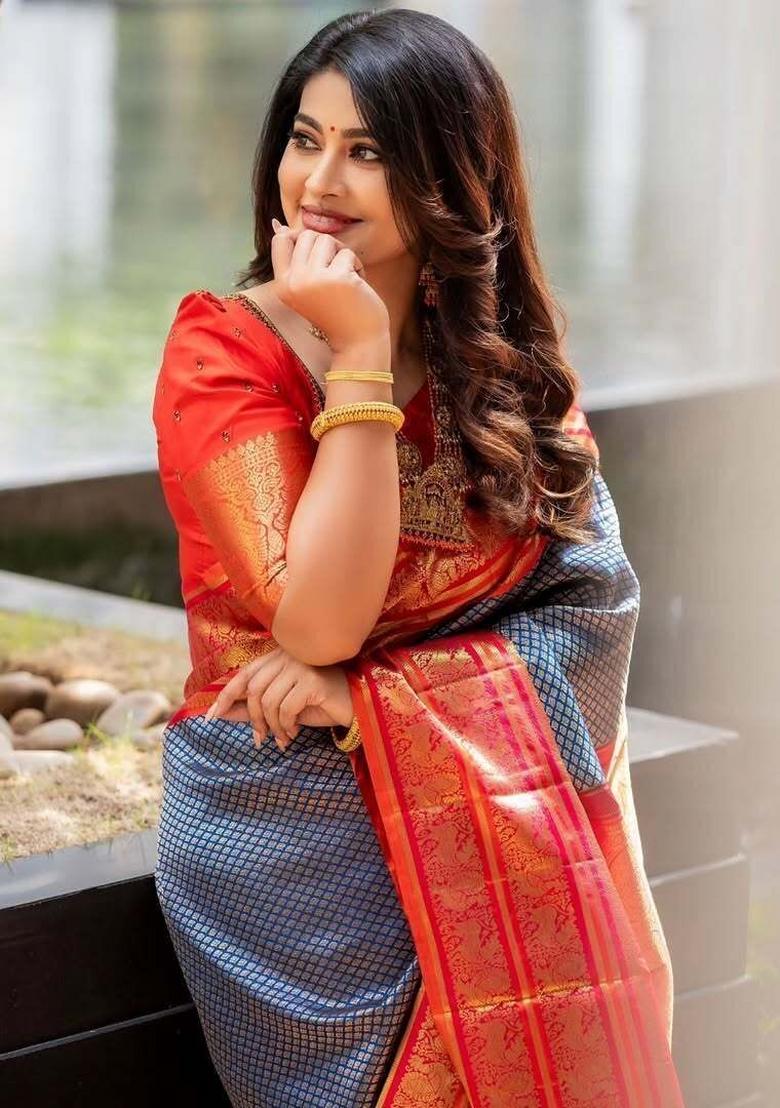 Blue And Red Woven Silk Sarees - Indya