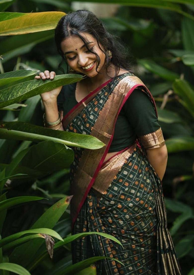 Green Woven Silk Sarees - Indya