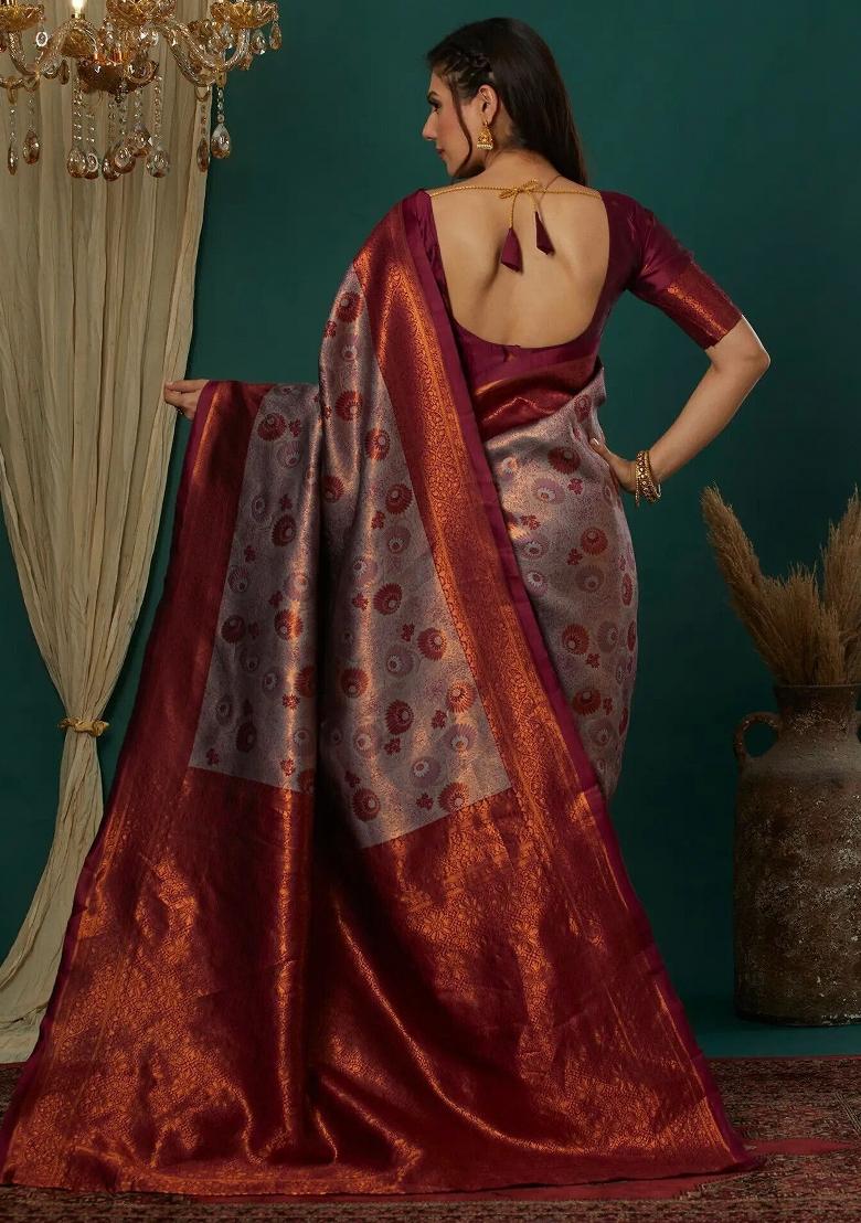 Purple Woven Silk Sarees - Indya