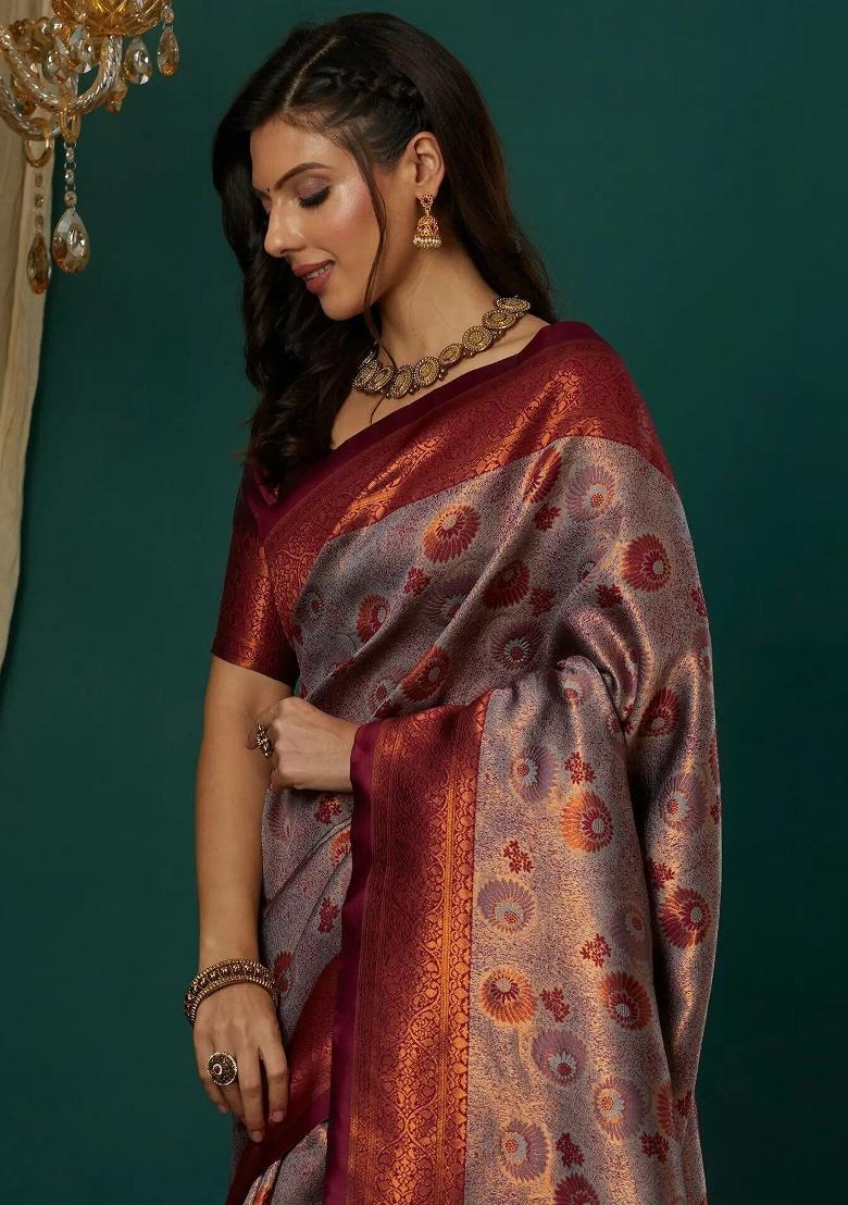 Purple Woven Silk Sarees - Indya