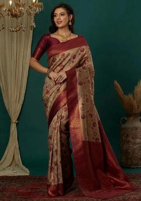 Cream And Maroon Woven Silk Sarees