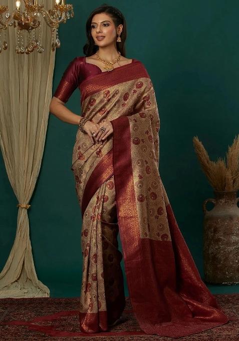 Cream And Maroon Woven Silk Sarees