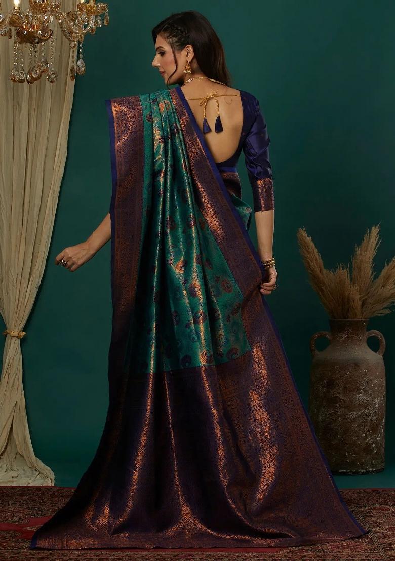 Light Blue And Dark Blue Woven Silk Sarees - Indya