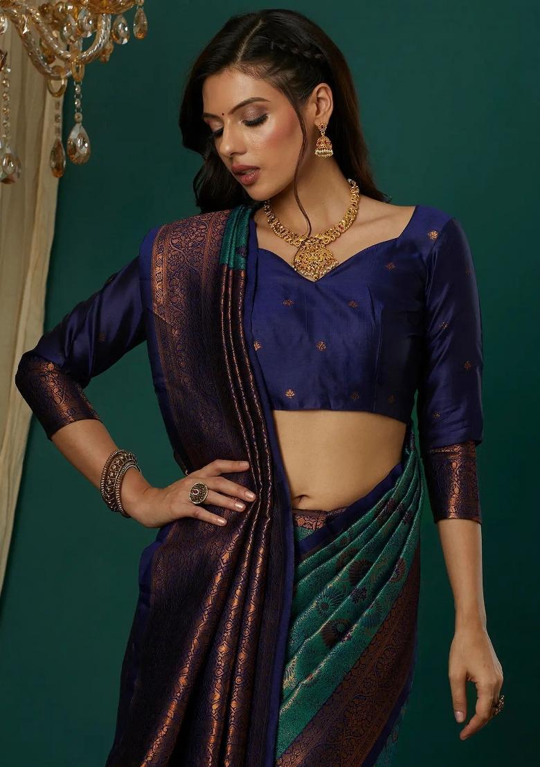 Light Blue And Dark Blue Woven Silk Sarees - Indya