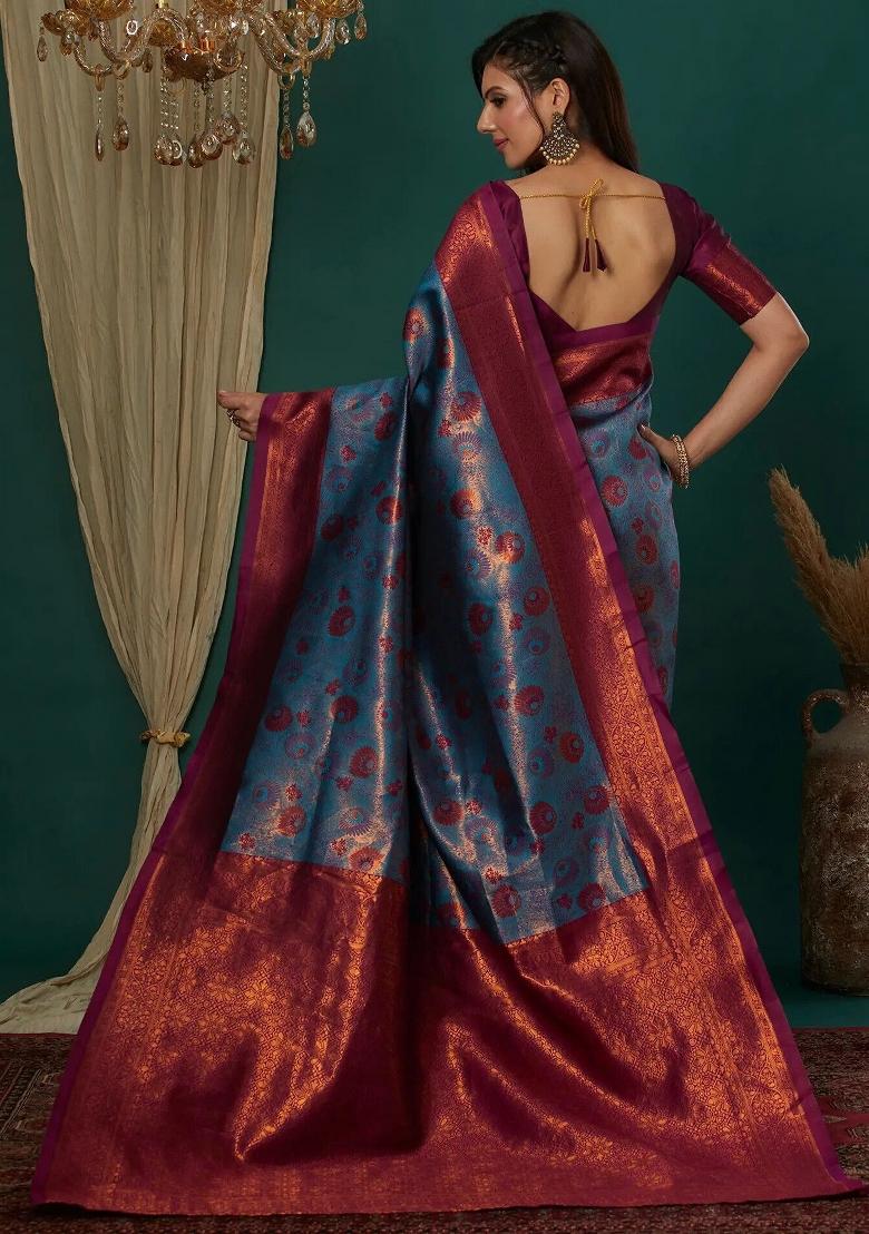 Light Blue And Purple Woven Silk Sarees - Indya