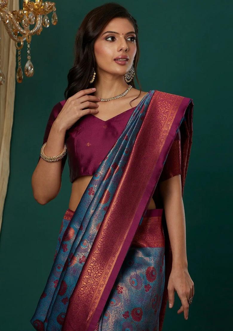 Light Blue And Purple Woven Silk Sarees - Indya