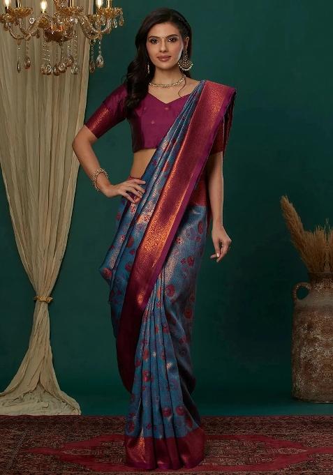 Light Blue And Purple Woven Silk Sarees