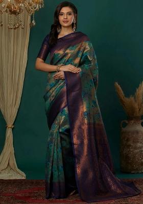 Light Blue And Dark Blue Woven Silk Sarees
