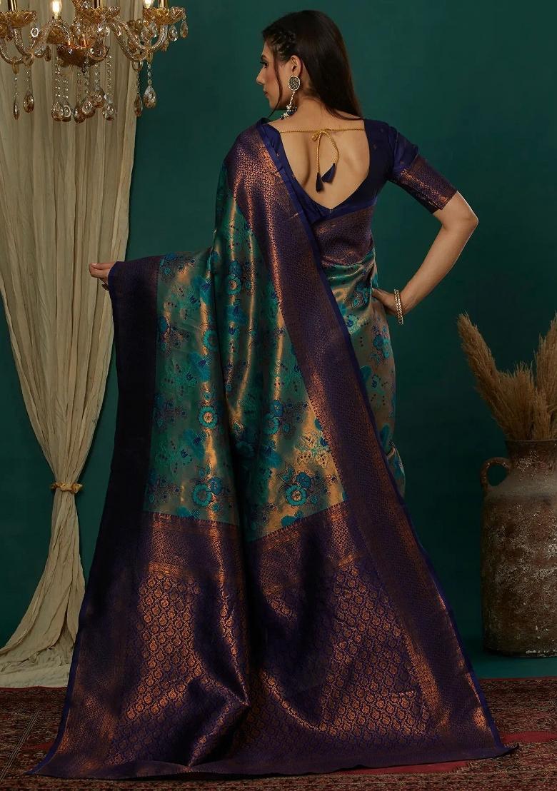 Light Blue And Dark Blue Woven Silk Sarees - Indya